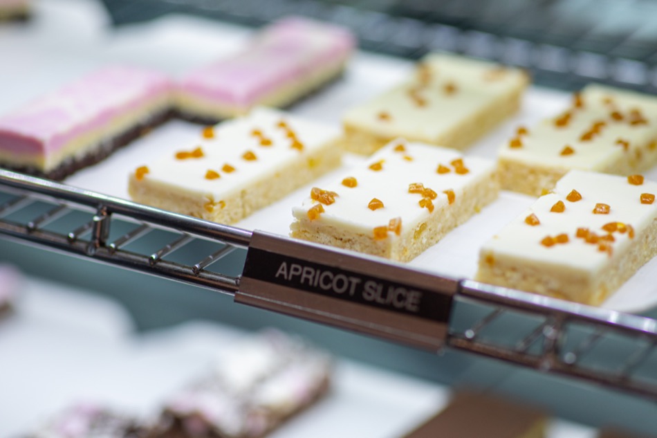 Apricot slice on a tray in the sweet cabinet